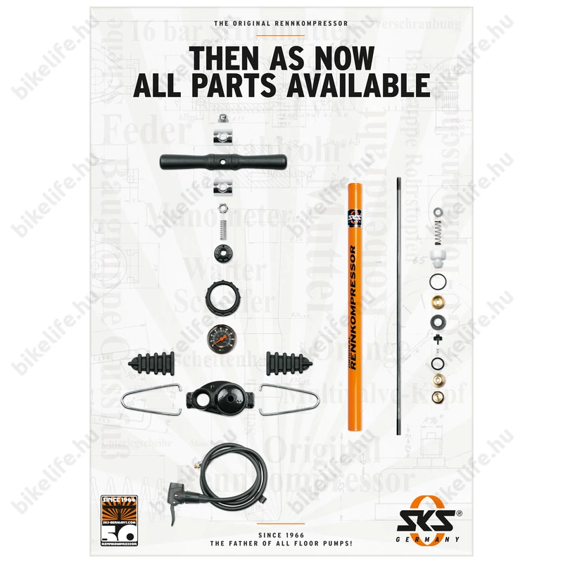 SKS Rennkompressor műhelypumpa 16bar, nyomásmérős, univerzális Multi pumpafejjel