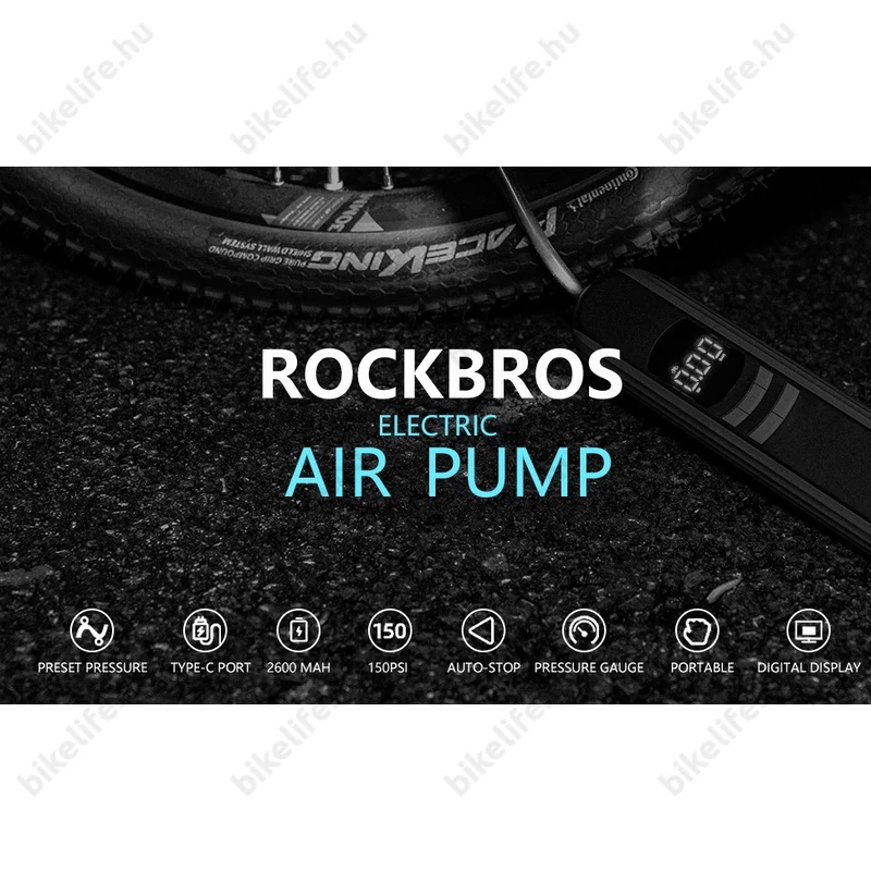 Akkumulátoros kerékpárpumpa Rockbros 10 Bar nyomásig minden szeleptípushoz továbbá matrachoz és labdához