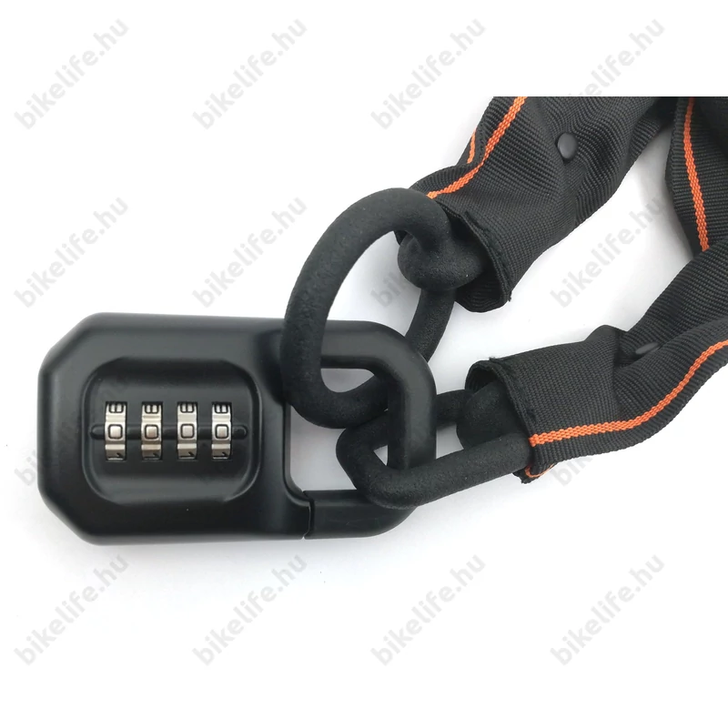 Zár U KTM 5mm átmérőjű 120cm hosszú lánccal, fekete/narancs, számkombinációs