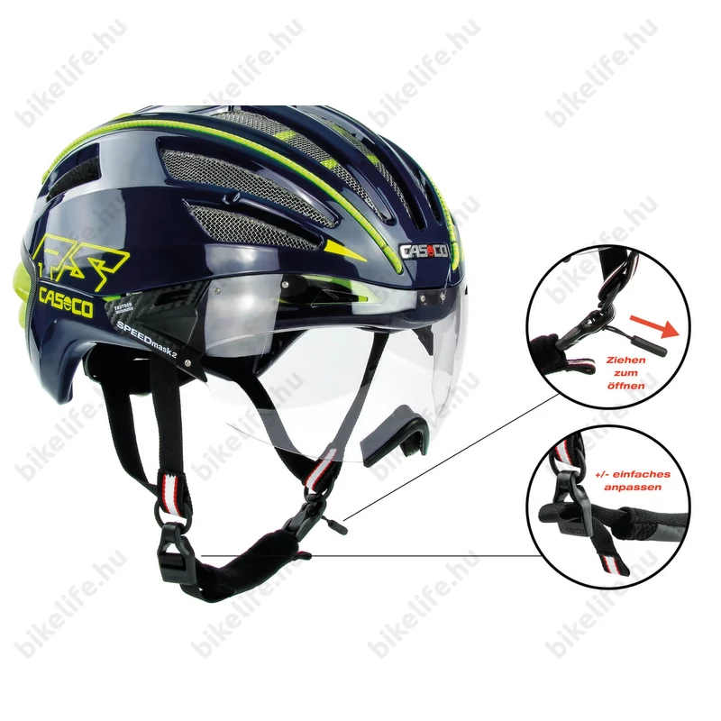 Casco Speedairo 2 RS országúti bukósisak Vautron (fényre sötétedő) lencsével, kék/neon sárga M 54-59cm