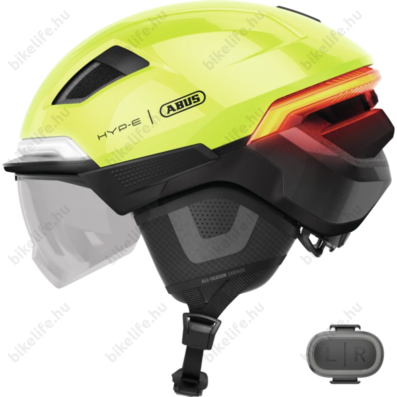 Abus HYP-E ACE kerékpáros bukósisak első és hátsó világítással index jelzővel mágneses lencsével Signal Yellow M (54-58cm)