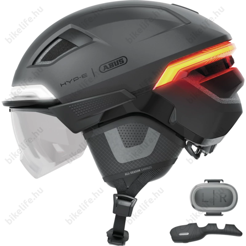 Abus HYP-E BL.ACE kerékpáros bukósisak első/hátsó világítás, index jelző, féklámpa, mágneses lencse titán L (59-62cm)