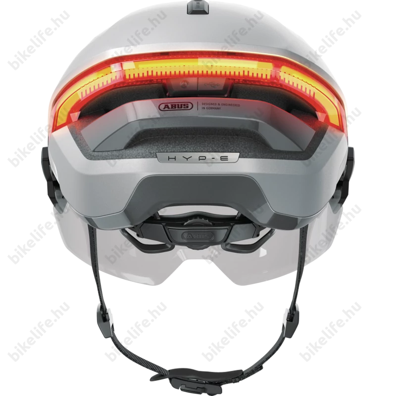Abus HYP-E ACE kerékpáros bukósisak első és hátsó világítással index jelzővel mágneses lencsével gleam silver S (51-55cm)