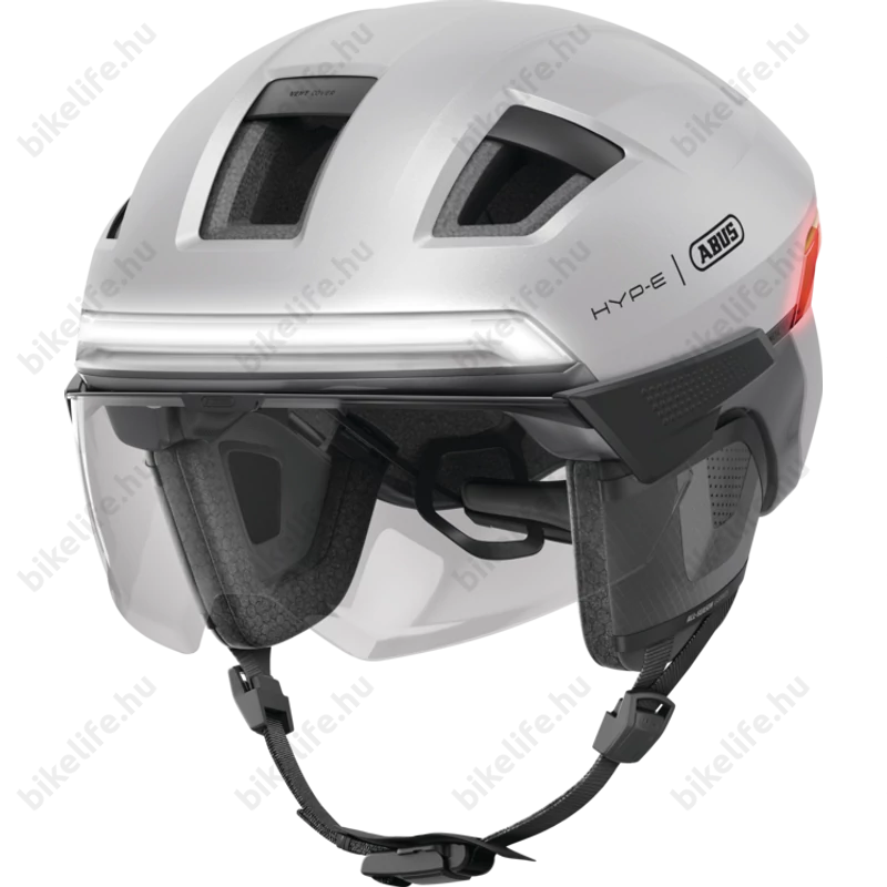 Abus HYP-E ACE kerékpáros bukósisak első és hátsó világítással index jelzővel mágneses lencsével gleam silver S (51-55cm)