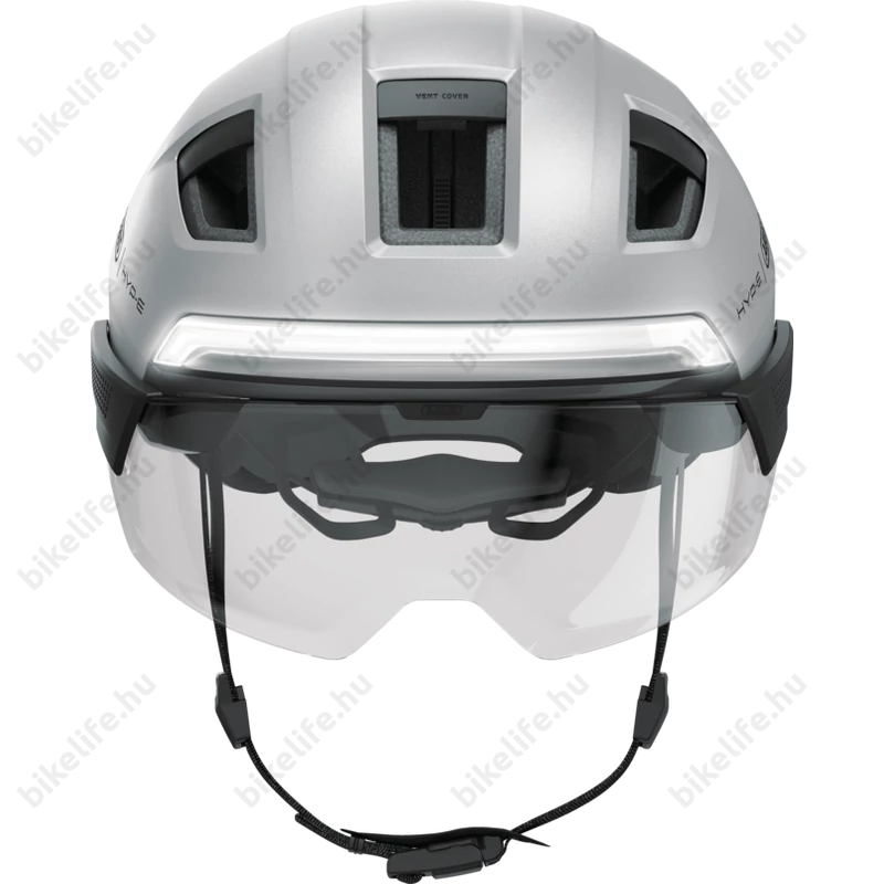 Abus HYP-E ACE kerékpáros bukósisak első és hátsó világítással index jelzővel mágneses lencsével gleam silver S (51-55cm)