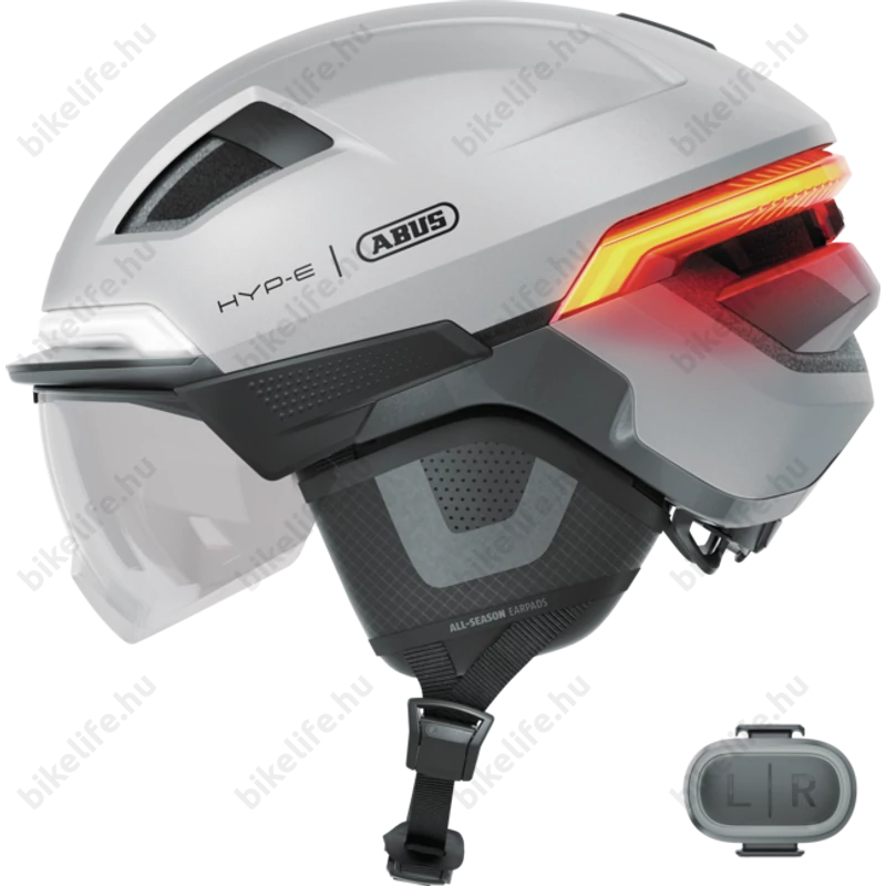 Abus HYP-E ACE kerékpáros bukósisak első és hátsó világítással index jelzővel mágneses lencsével gleam silver L (57-61cm)