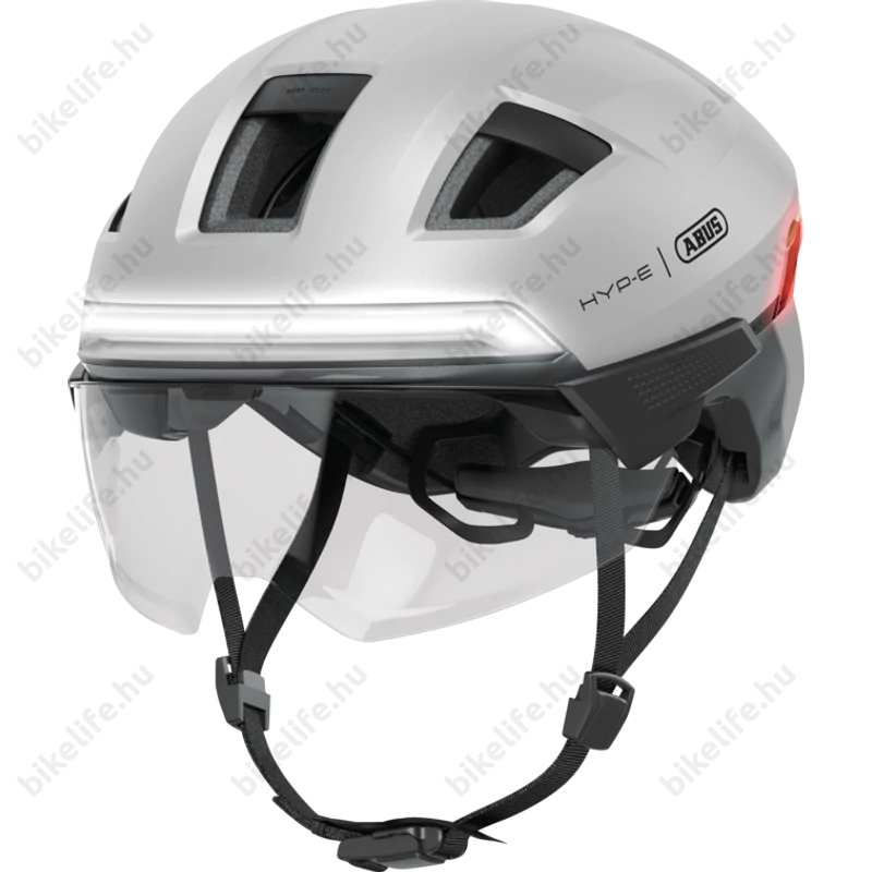Abus HYP-E ACE kerékpáros bukósisak első és hátsó világítással index jelzővel mágneses lencsével gleam silver L (57-61cm)