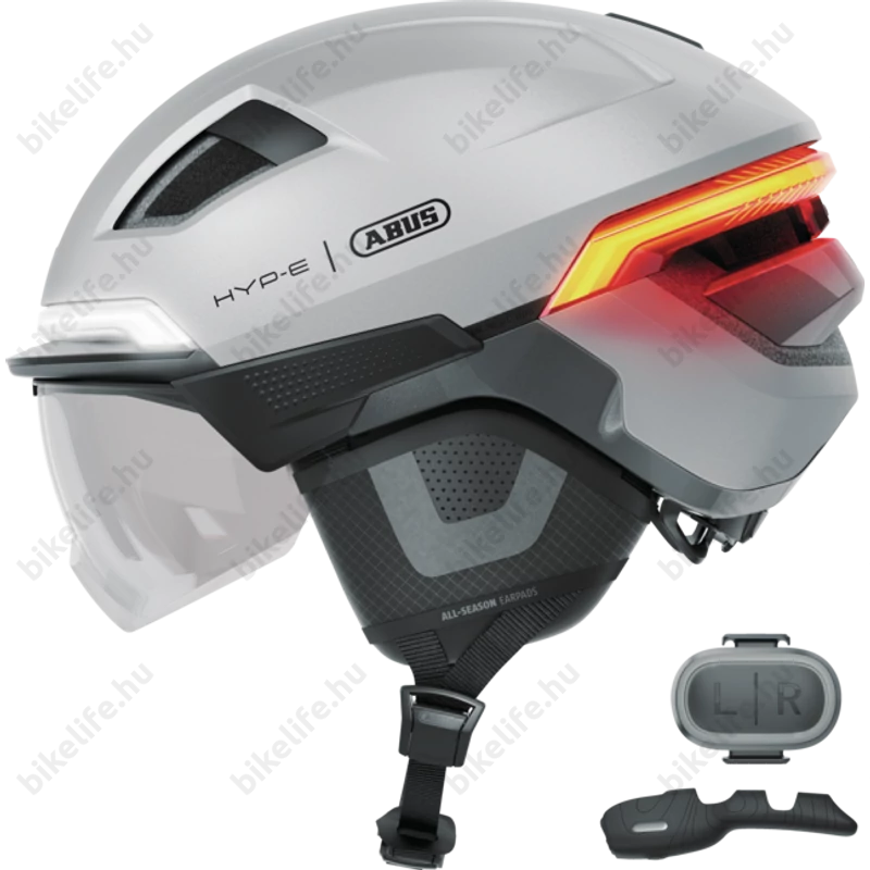 Abus HYP-E BL.ACE kerékpáros bukósisak első/hátsó világítás, index jelző, féklámpa, mágneses lencse gleam silver S (51-55cm)