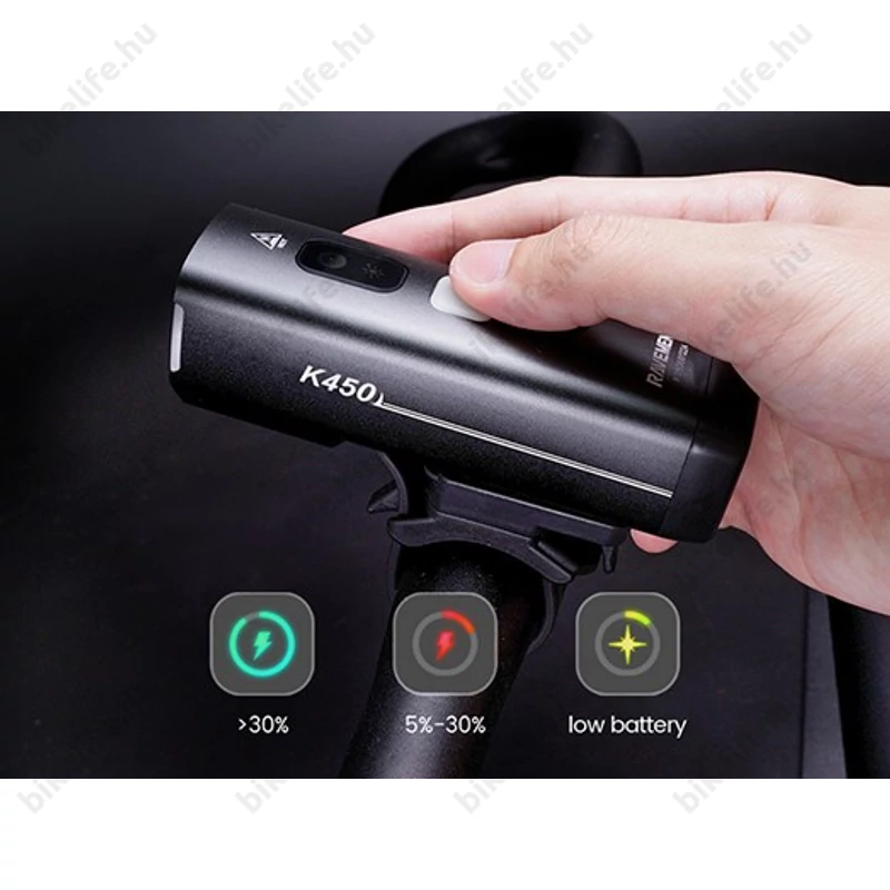 Ravemen K450 akkumulátoros első lámpa, 450 lumen, 2200mAh, intelligens mód