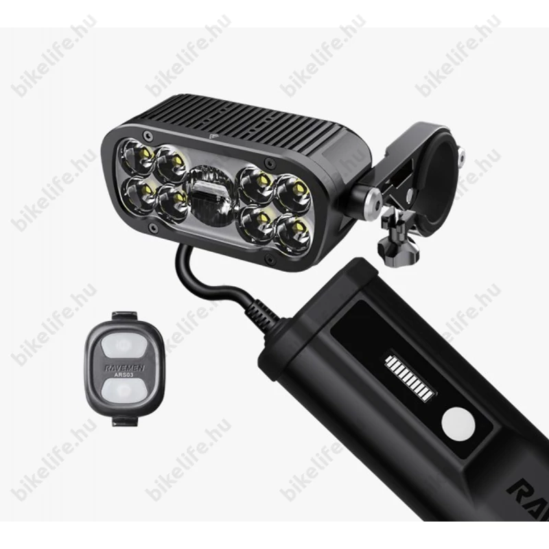 Ravemen XR6000 akkumulátoros első lámpa, 6000 lumen, 4x4000mAh, országúti/MTB, tompított/reflketor mód, vez. nélk. távirányító