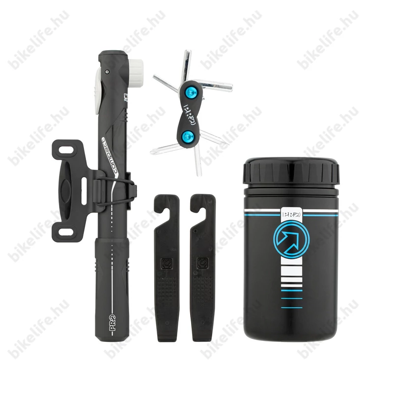 Pro kombi szerszámkészlet, 500cc tartó( kulacs forma), mini pumpa, gumileszedő, bicska szerszám fekete