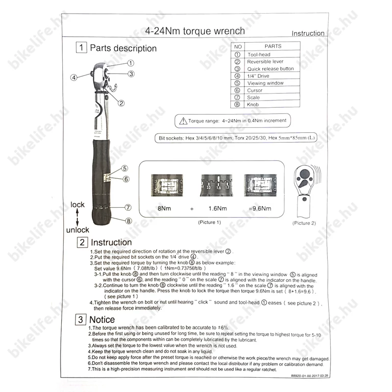 SuperB TorqueSet nyomatékkulcs 4-24 Nm, 9 darab betéttel (3xTorx és 6db imbusz)