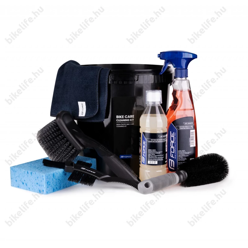 Force Bike Care tisztító/karbantartó készlet (vödör, kefék, szivacs, törlőkendő, zsírtalanító spricni, viaszos sampon)