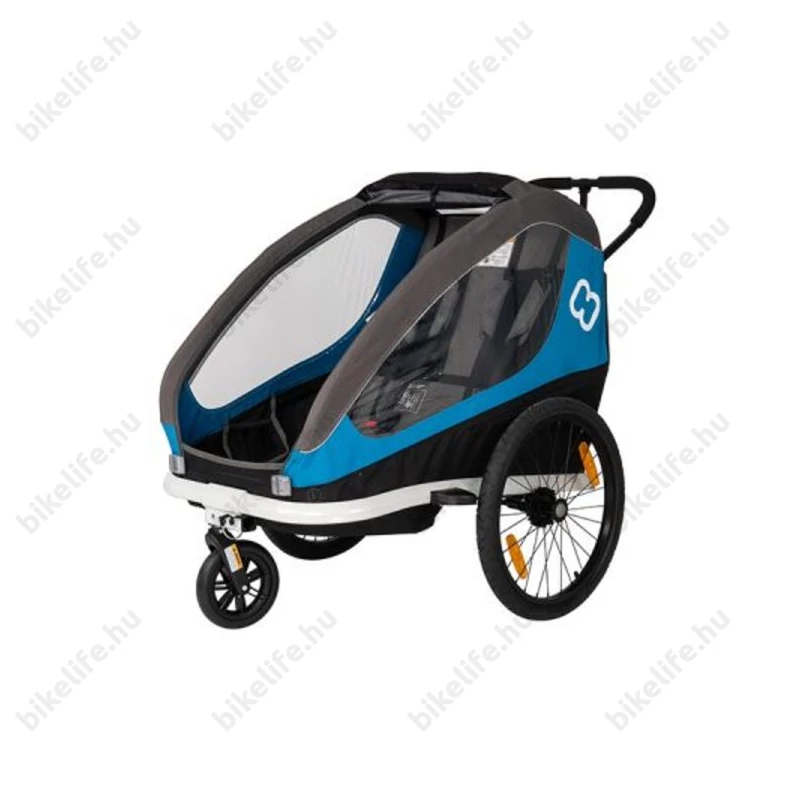 Hamax Traveller gyermek szállító utánfutó, 2gyermeknek, 47kg terh., időjárás álló boritás, kék/szürke