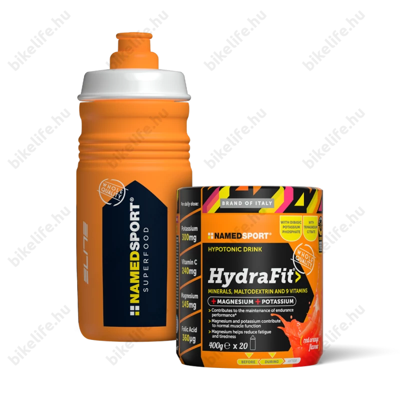 Namedsport HydraFit hipotóniás elektrolit italpor vérnarancs ízesítéssel 400g 20 adaghoz elegendő Elite kulaccsal