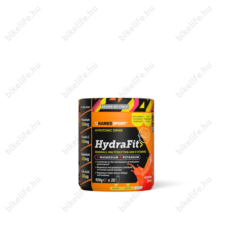 Namedsport HydraFit hipotóniás elektrolit italpor vérnarancs ízesítéssel 400g 20 adaghoz elegendő Elite kulaccsal