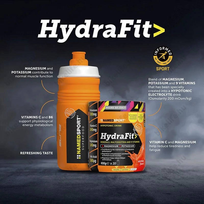 Namedsport HydraFit hipotóniás elektrolit italpor vérnarancs ízesítéssel 400g 20 adaghoz elegendő Elite kulaccsal