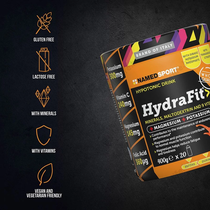 Namedsport HydraFit hipotóniás elektrolit italpor vérnarancs ízesítéssel 400g 20 adaghoz elegendő Elite kulaccsal