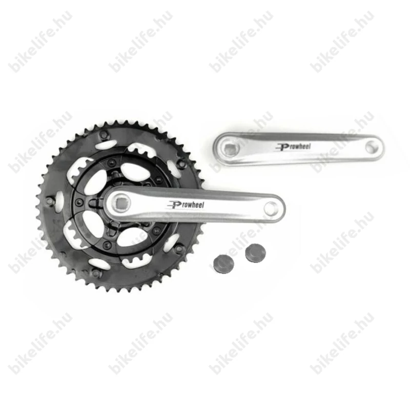 Prowheel országúti hajtómű 50/34 fogas, 170mm-es alu hajtókar, szegecselt acél lánckerekek, ezüst/fekete