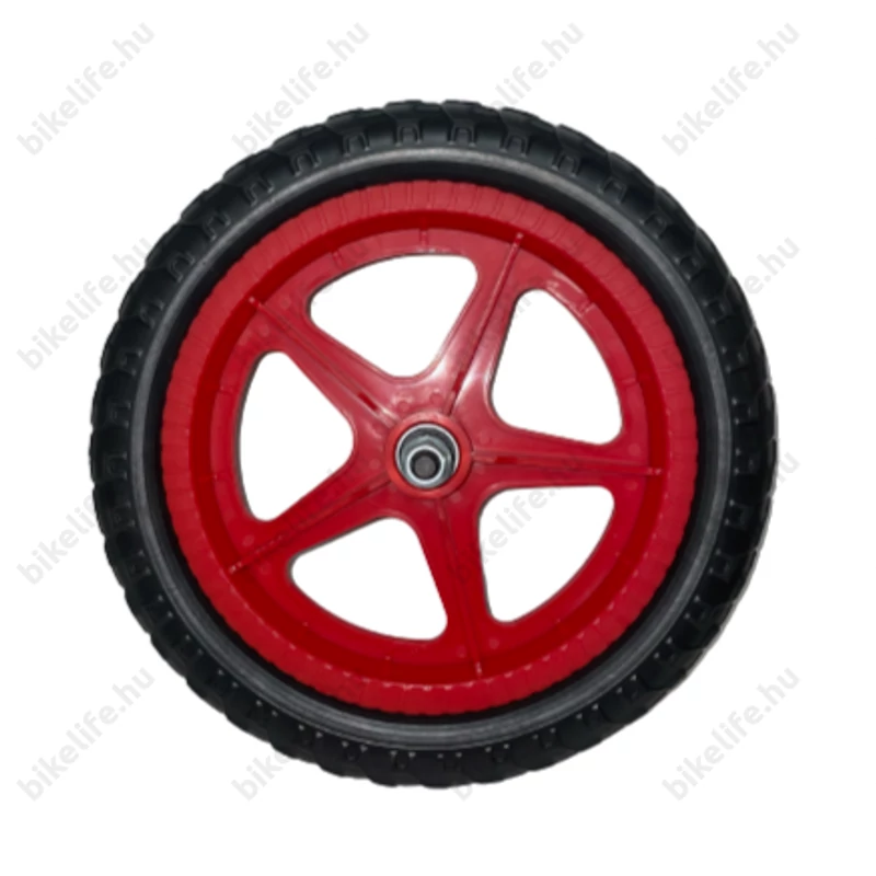 12-es műanyag első kerék ipari csapágyas, piros küllőzet, fekete 