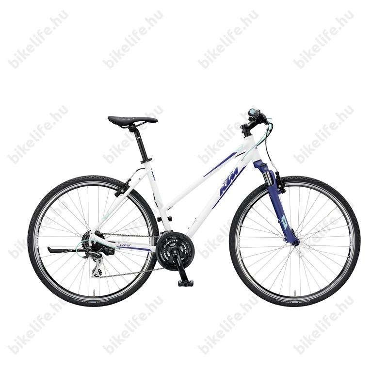 KTM Life One női cross kerékpár 24 fokozatú Shimano Acera váltó, V-fék, mattfehér (kék/zöld) 43cm