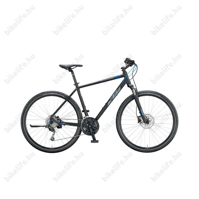 KTM Life Road férfi cross kerékpár 27 fokozatú Shimano Deore váltó, hidraulikus tárcsafék, mattfekete (szürke/kék), 51cm