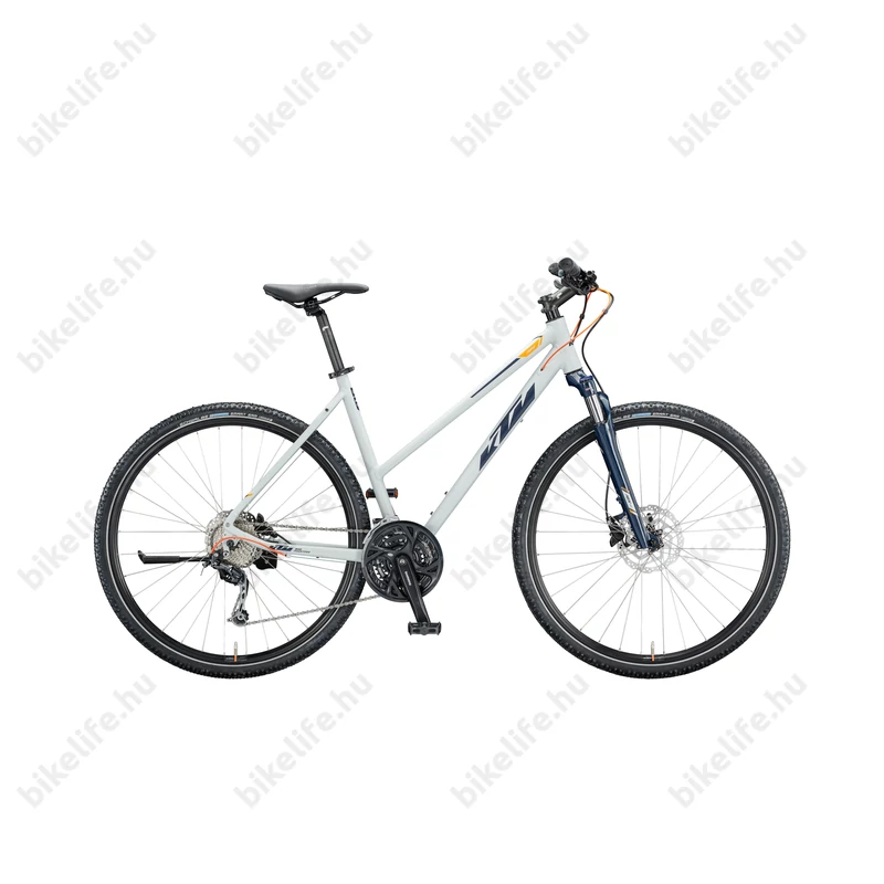 KTM Life Road női cross kerékpár 27 fokozatú Shimano Deore váltó, hidraulikus tárcsafék, mattszürke(kék/narancs) 51cm