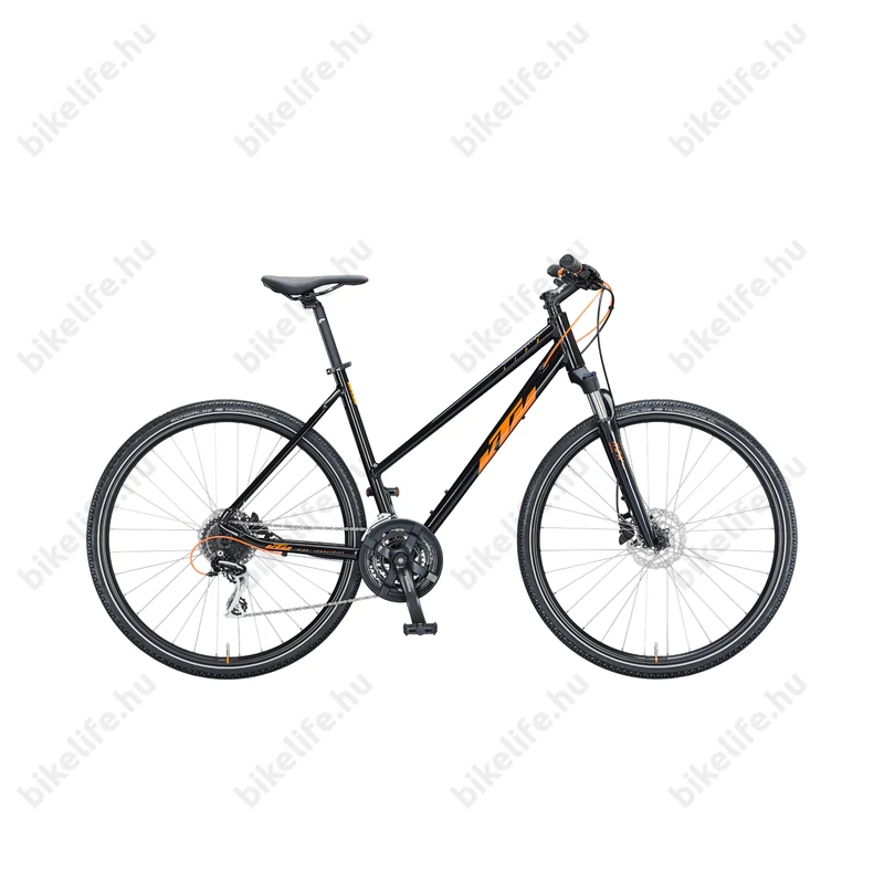 KTM Life Track női cross kerékpár 24 fokozatú Shimano Acera váltó, hidraulikus tárcsafék, fényes fekete/narancs 51cm