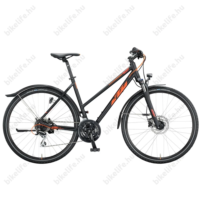KTM Life Track Street női cross kerékpár 24 fokozatú Acera váltó, hidr. tárcsafék, matt fekete-narancs 51cm
