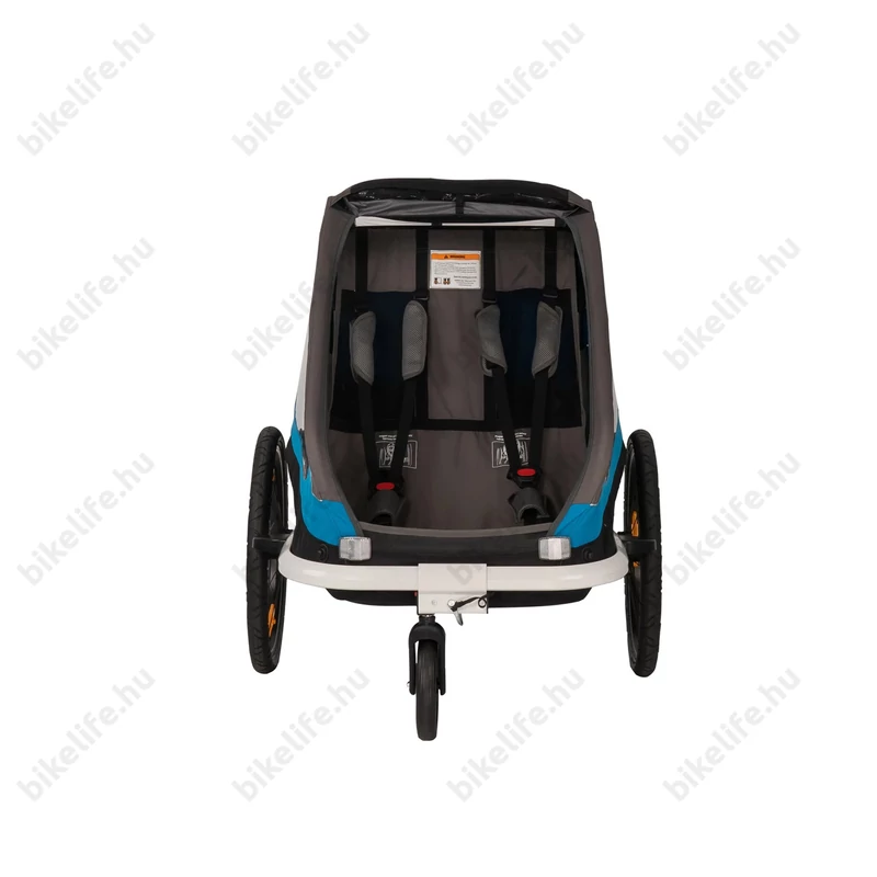 Hamax Traveller gyermek szállító utánfutó, 2gyermeknek, 47kg terh., időjárás álló boritás, kék/szürke