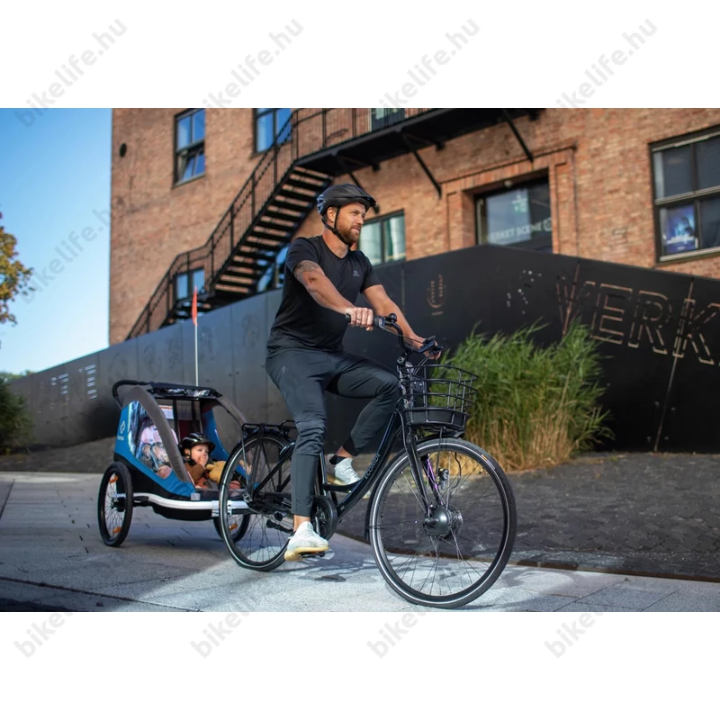 Hamax Traveller gyermek szállító utánfutó, 2gyermeknek, 47kg terh., időjárás álló boritás, kék/szürke
