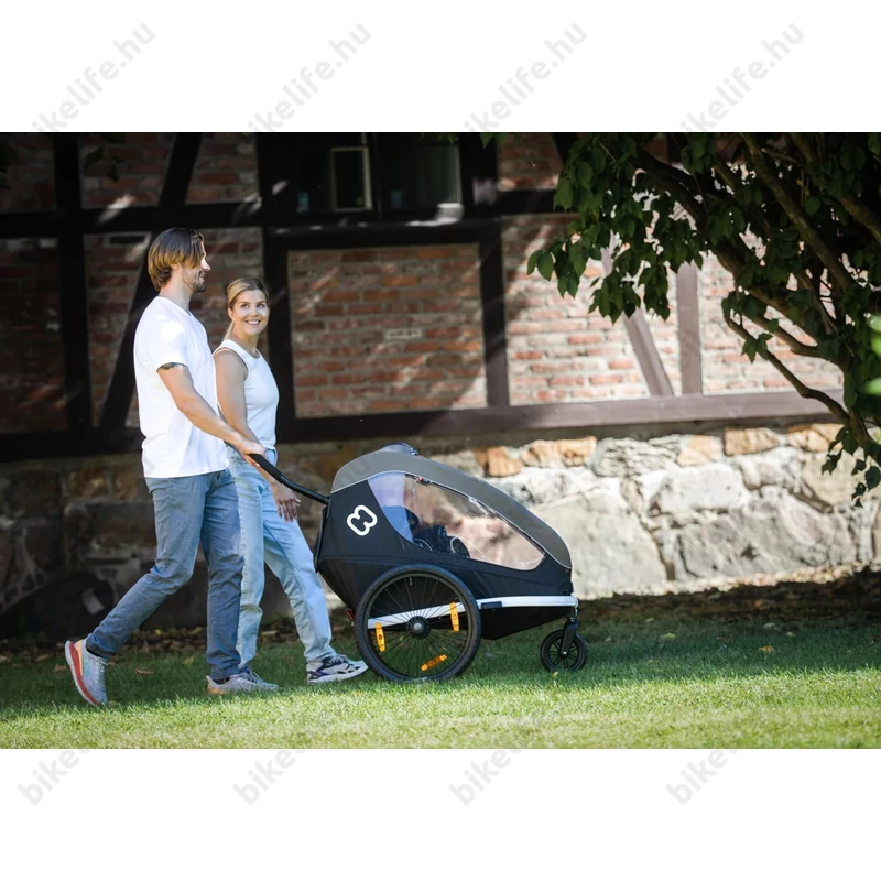 Hamax Traveller gyermek szállító utánfutó, 2gyermeknek, 47kg terh., időjárás álló boritás, kék/szürke