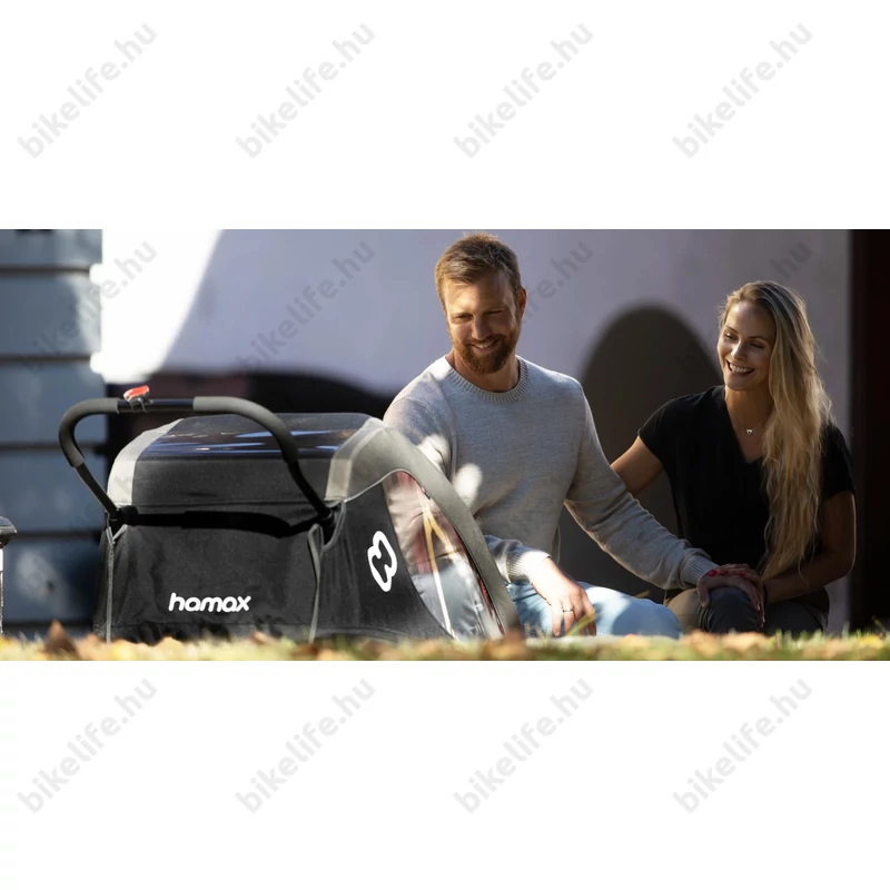 Hamax Traveller gyermek szállító utánfutó, 2gyermeknek, 47kg terh., időjárás álló boritás, kék/szürke