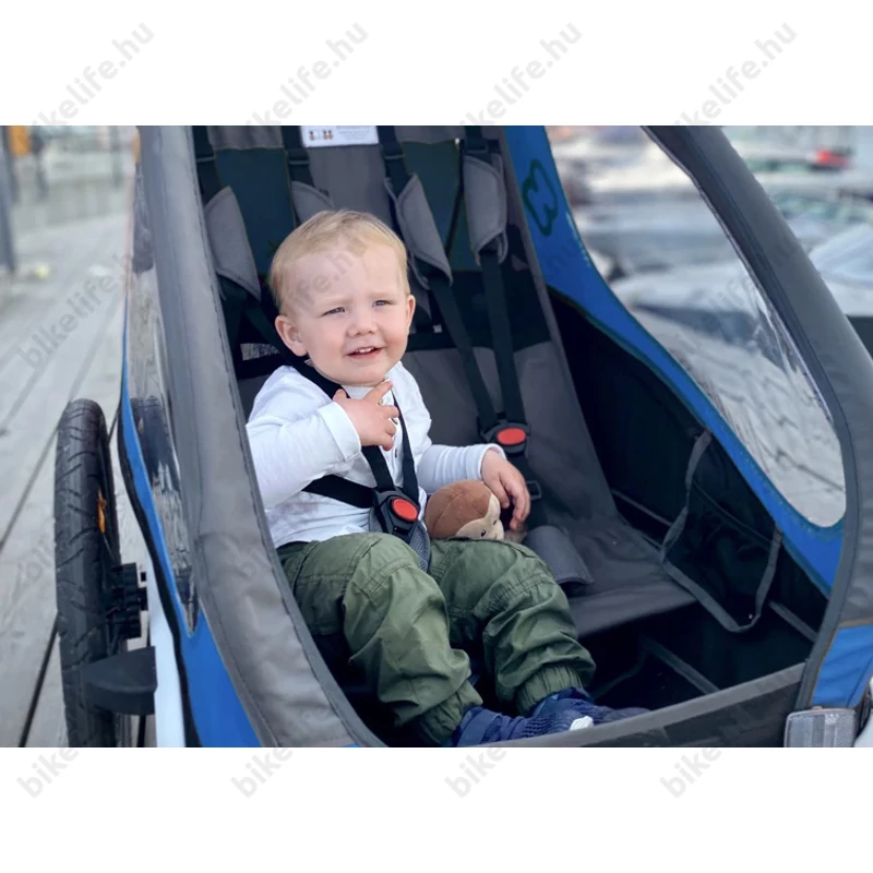 Hamax Traveller gyermek szállító utánfutó, 2gyermeknek, 47kg terh., időjárás álló boritás, kék/szürke