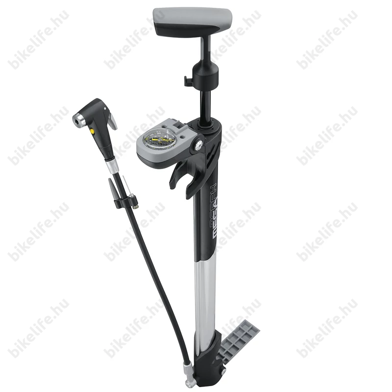 Topeak Megamorph műhelypumpa polír/fekete, 11bar, nyomásmérős, kompakt, 68cm, hordtáskával, minden szelep